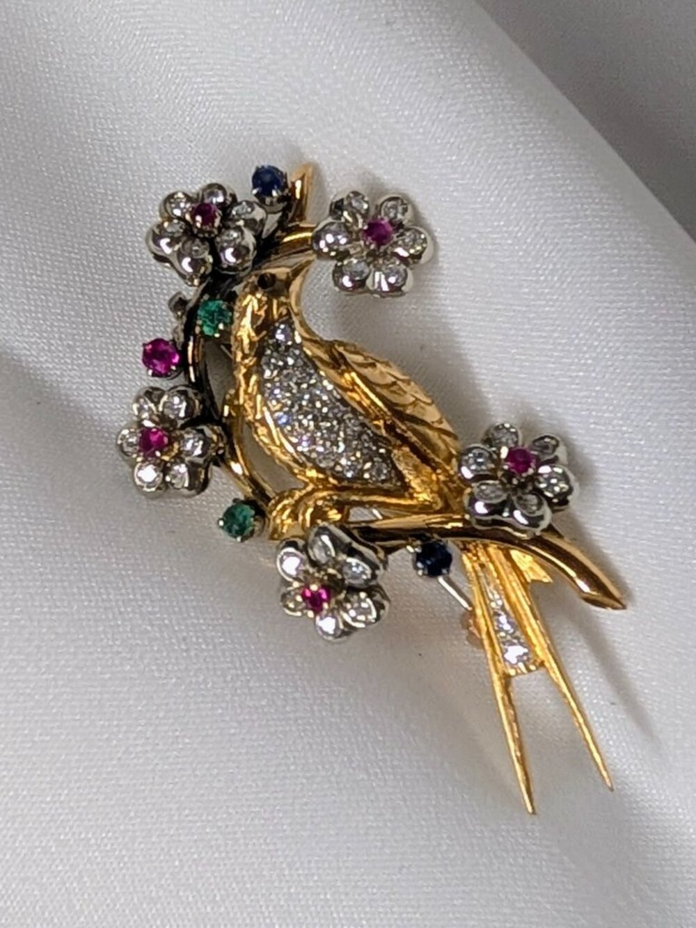 18K Yellow Gold Bird Brooch Diamonds, Emeralds, Rubies & Sapphires Estate Pin